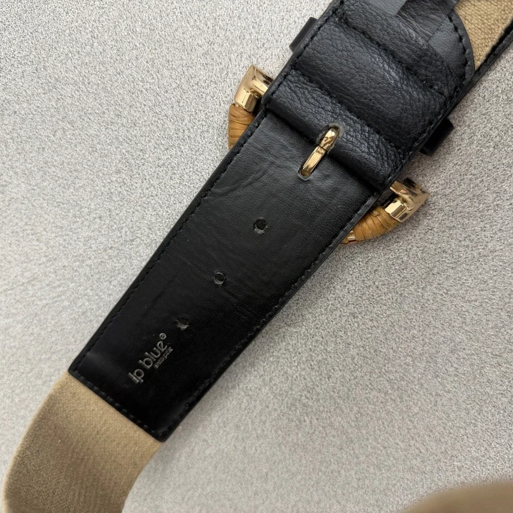 lp blue Belt Womens S/M Tan Black Elastic Wood Buckle Wide Cinch ST52694-2